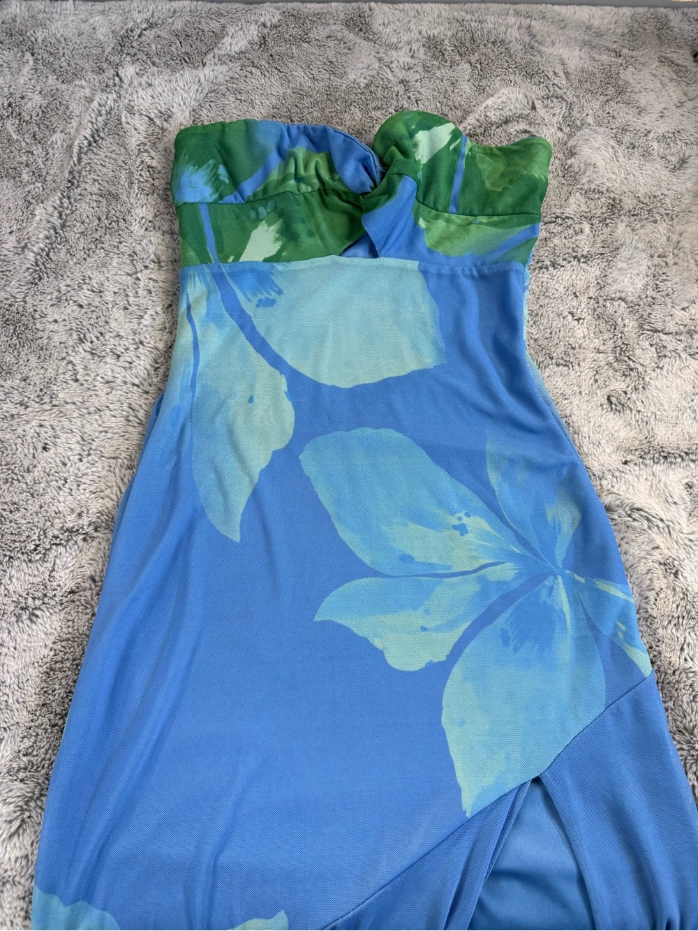 Lovely Day Blue and Green Floral Strapless Maxi Dress
